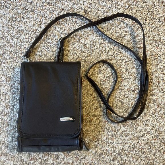 Travelon Small Crossbody Bag Black Leather Travel Pockets Adjustable Strap - Picture 1 of 14